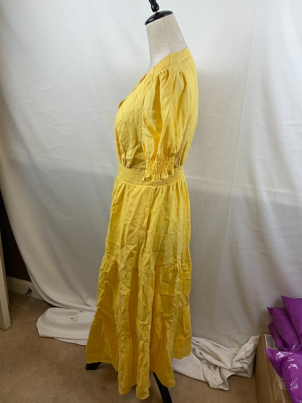 Boden Anne Linen Tiered Midi Dress US 4R Yellow Short Puff Sleeve V-Neck - Picture 5 of 10
